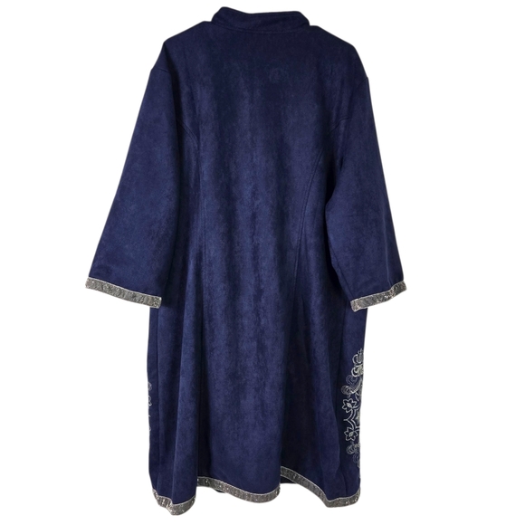 Indigo Thread Duster Coat Blue Embroidered Long Microsuede Longline Boho Plus 3X - Picture 4 of 14